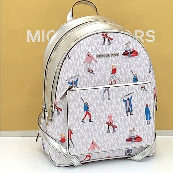 Michael Kors Jet Set Girls Adina Medium Backpack MK Bright White Silver Multi - Picture 5 of 15